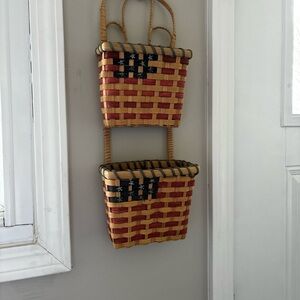 Vintage Handcrafted Woven Wall Basket with Flag Design